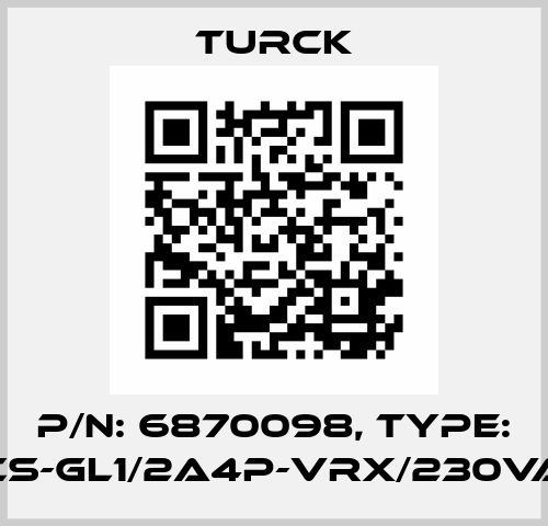 p/n: 6870098, Type: FCS-GL1/2A4P-VRX/230VAC Turck